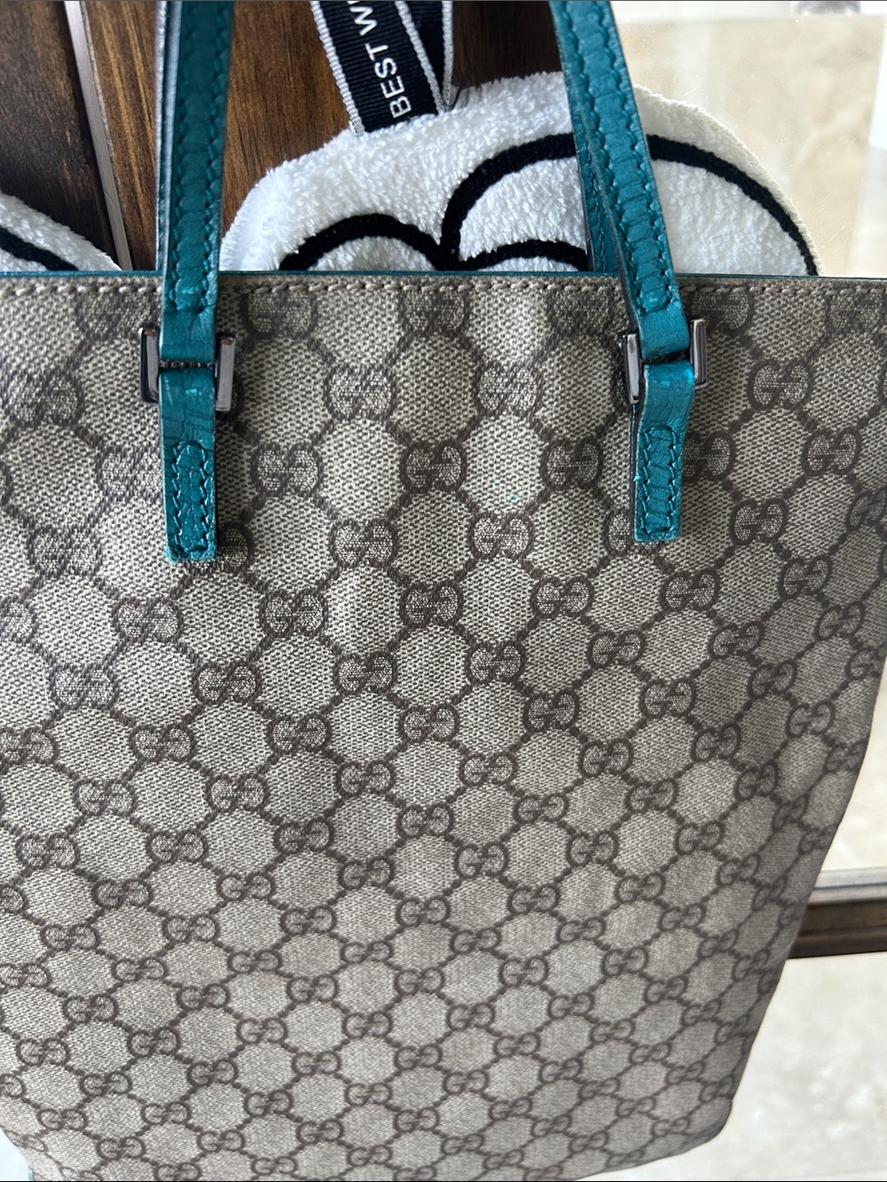Gucci Beige GG Canvas Tote with Teal Trim - Picture 5 of 16